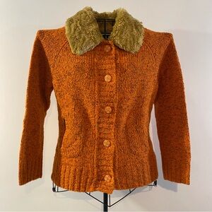 i.e. Relax Faux Fur Collar Orange Front Button Sweater with Zippered Pockets